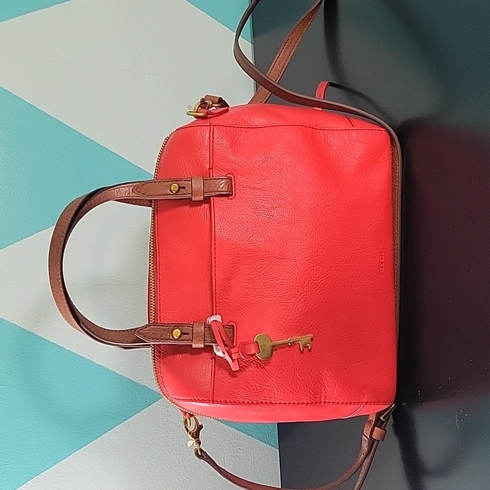 Fossil Rachel leather satchel in a coral/claret red color NWT